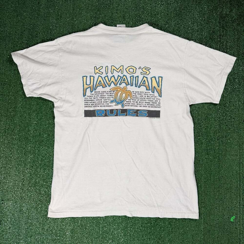 Vintage 1991 Kimo's Hawaiian Rules No Rain No Rainbows T-Shirt Large Surf White